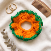 Handmade Crochet Scrunchie – Vibrant Yellow with Green Scalloped Edge