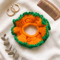 Handmade Crochet Scrunchie – Vibrant Yellow with Green Scalloped Edge
