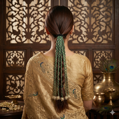 Festive Green & Gold Braided Hair String – Traditional Parandi | Dhaaga Vibes
