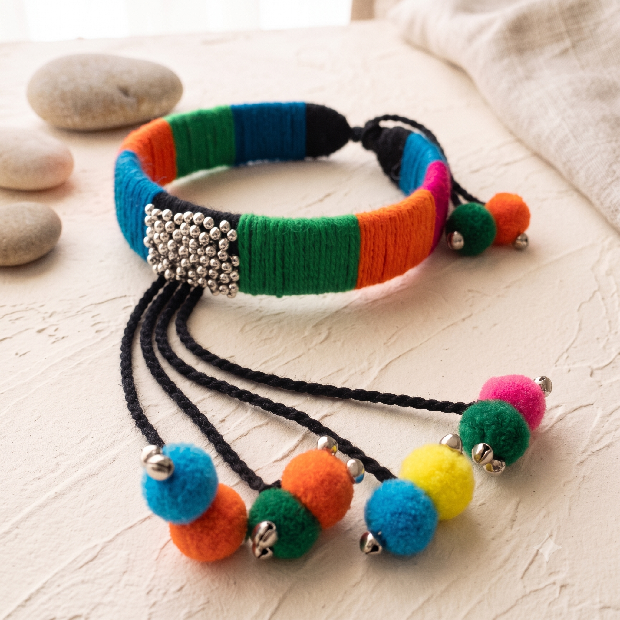 Handcrafted Funky Boho Hair Band with Pom-Pom Strands | Dhaaga Vibes