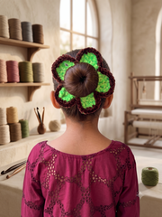 Woodland Bloom Crochet Bun Scrunchie – Neon Green & Chocolate Brown