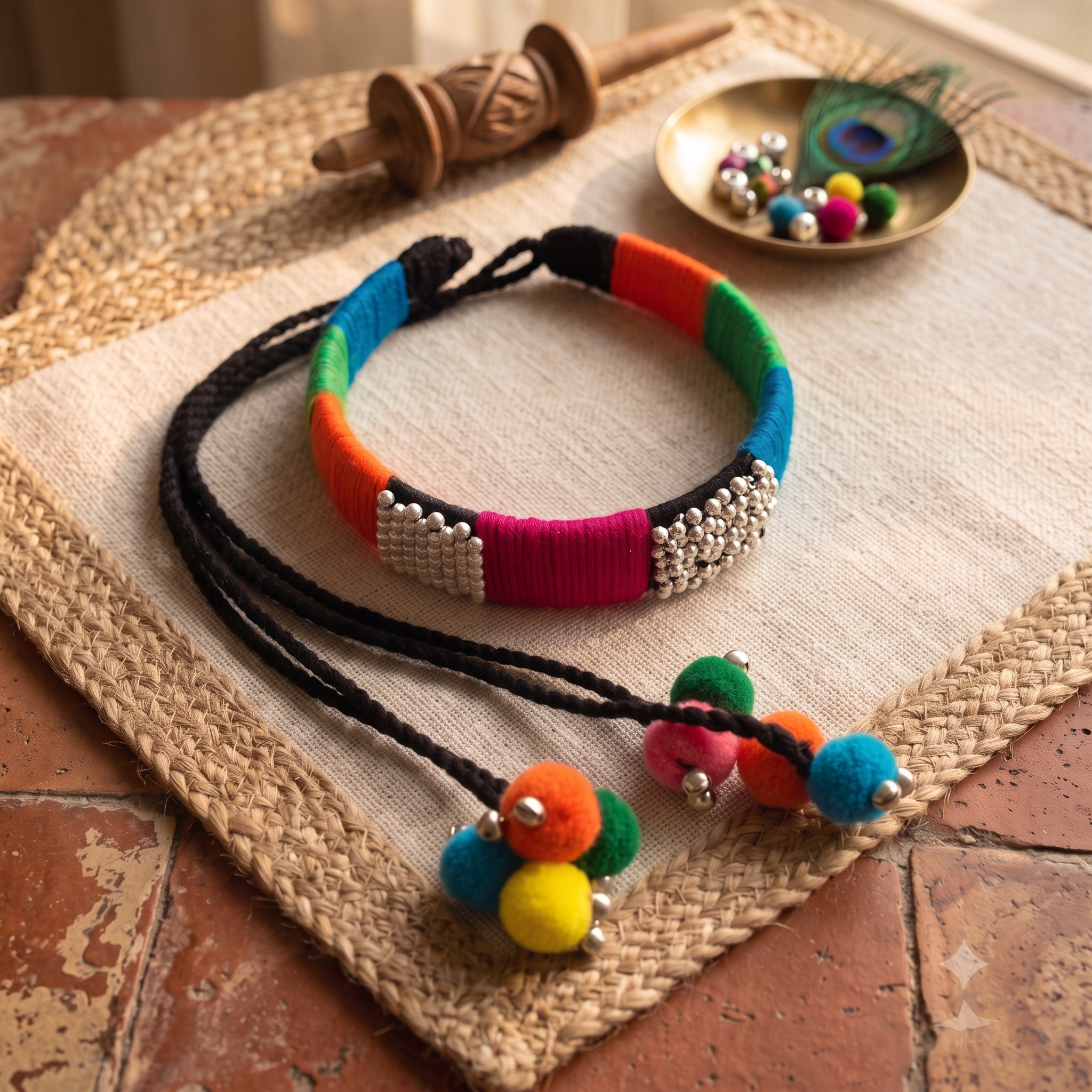 Handcrafted Funky Boho Hair Band with Pom-Pom Strands | Dhaaga Vibes
