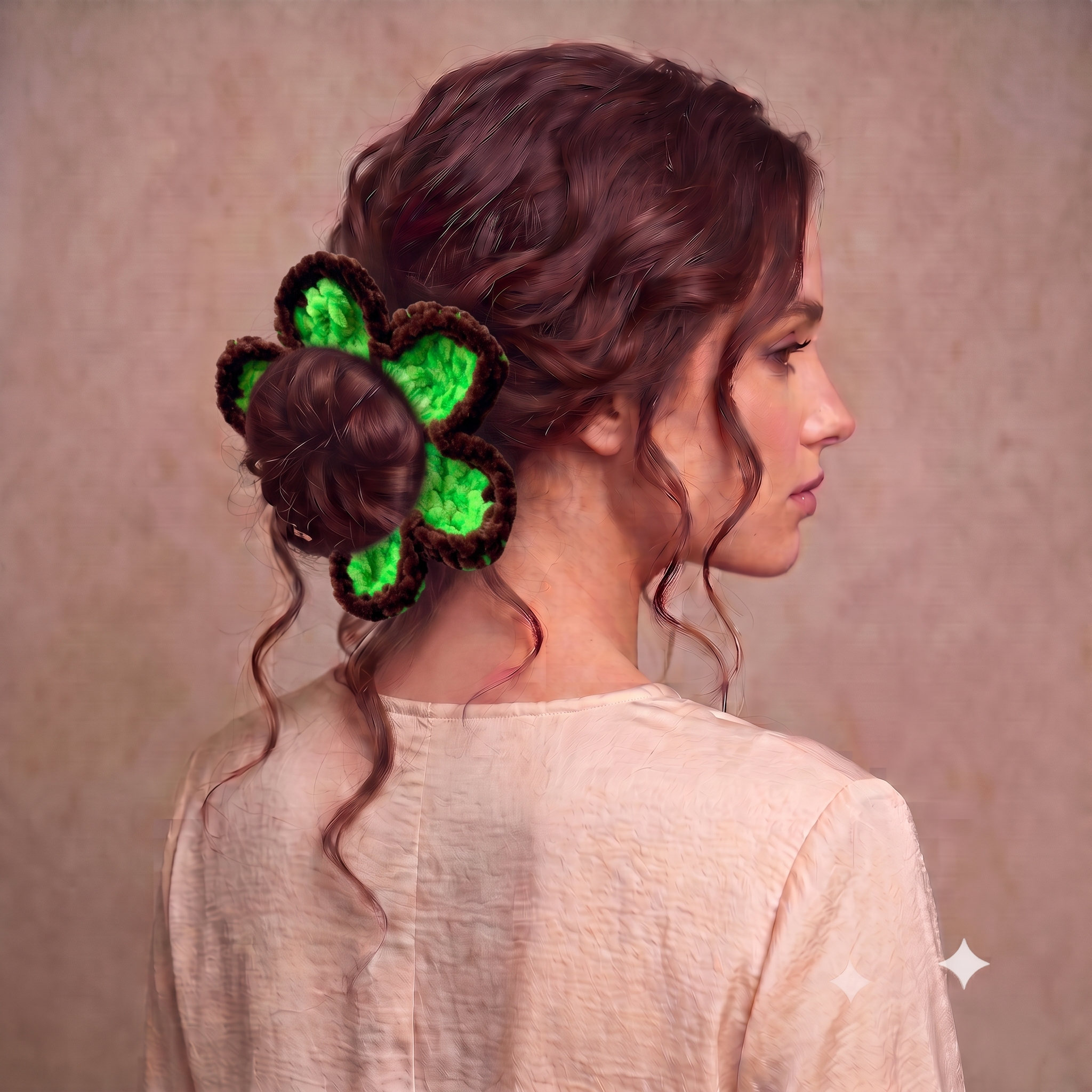 Woodland Bloom Crochet Bun Scrunchie – Neon Green & Chocolate Brown