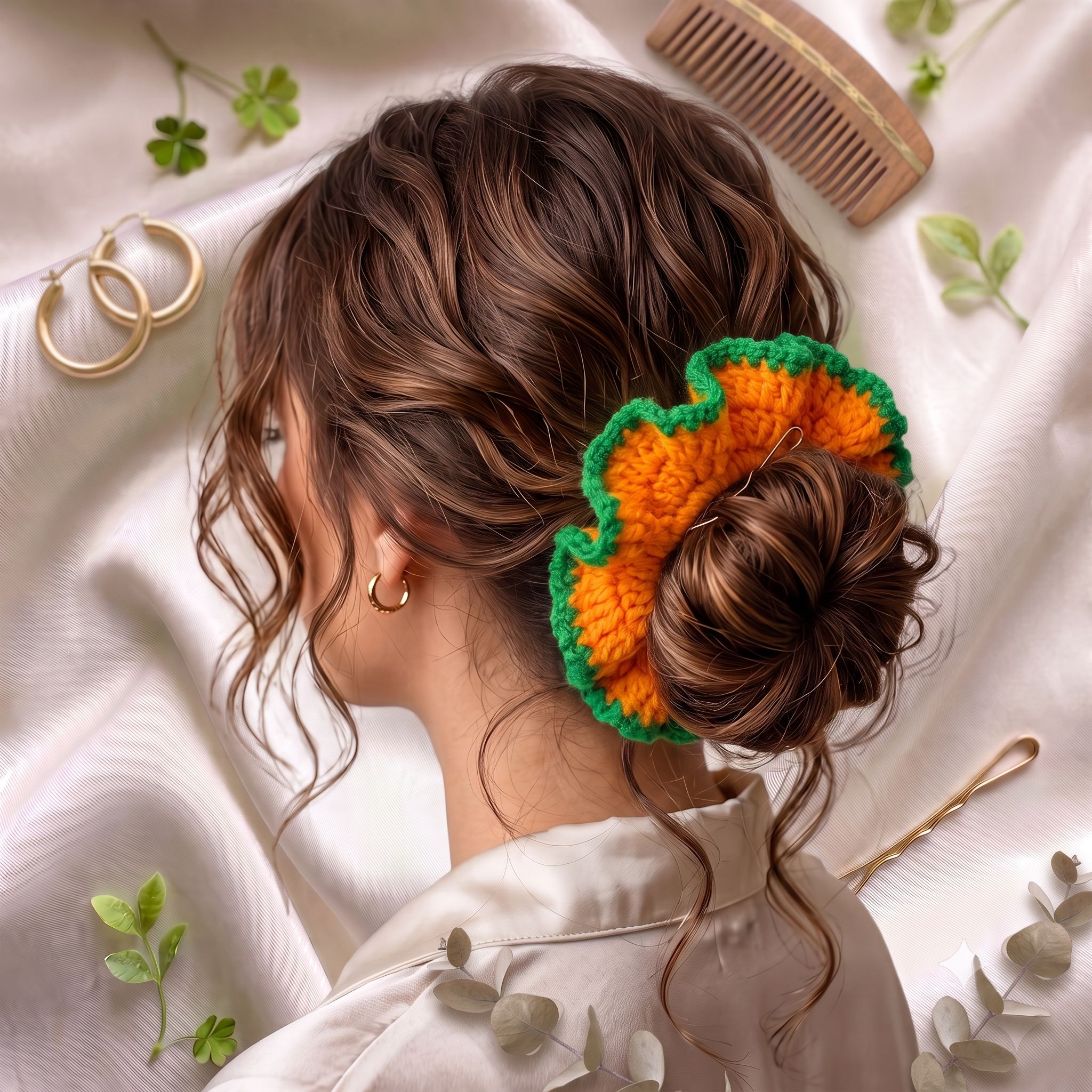 Handmade Crochet Scrunchie – Vibrant Yellow with Green Scalloped Edge