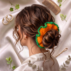 Handmade Crochet Scrunchie – Vibrant Yellow with Green Scalloped Edge