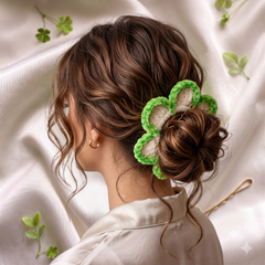 Handcrafted Crochet Bun Scrunchie -Cream & Lime Green
