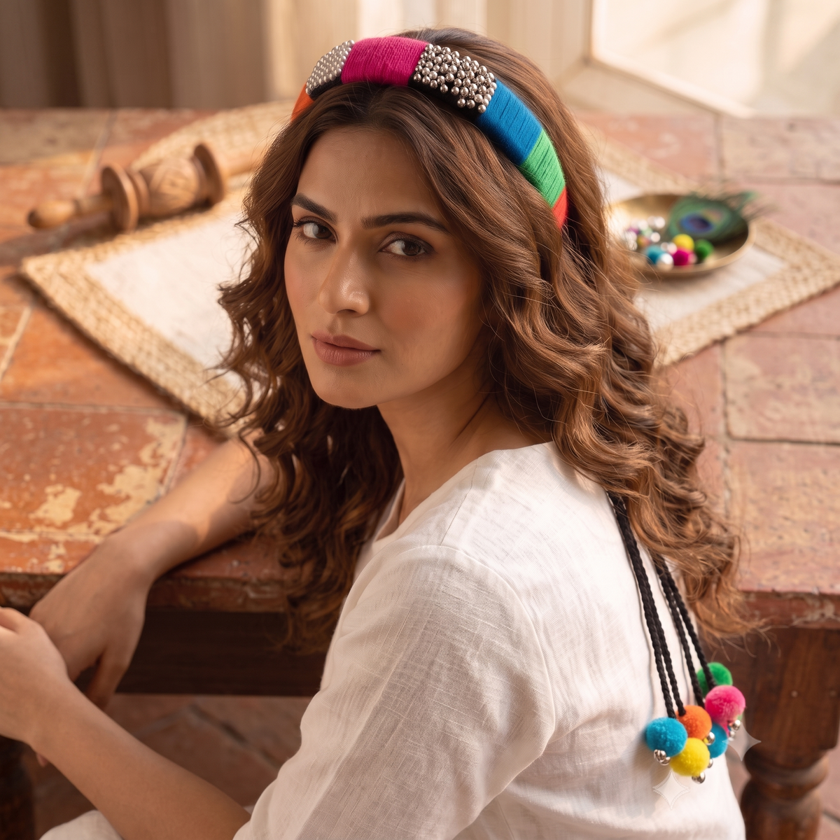 Handcrafted Funky Boho Hair Band with Pom-Pom Strands | Dhaaga Vibes