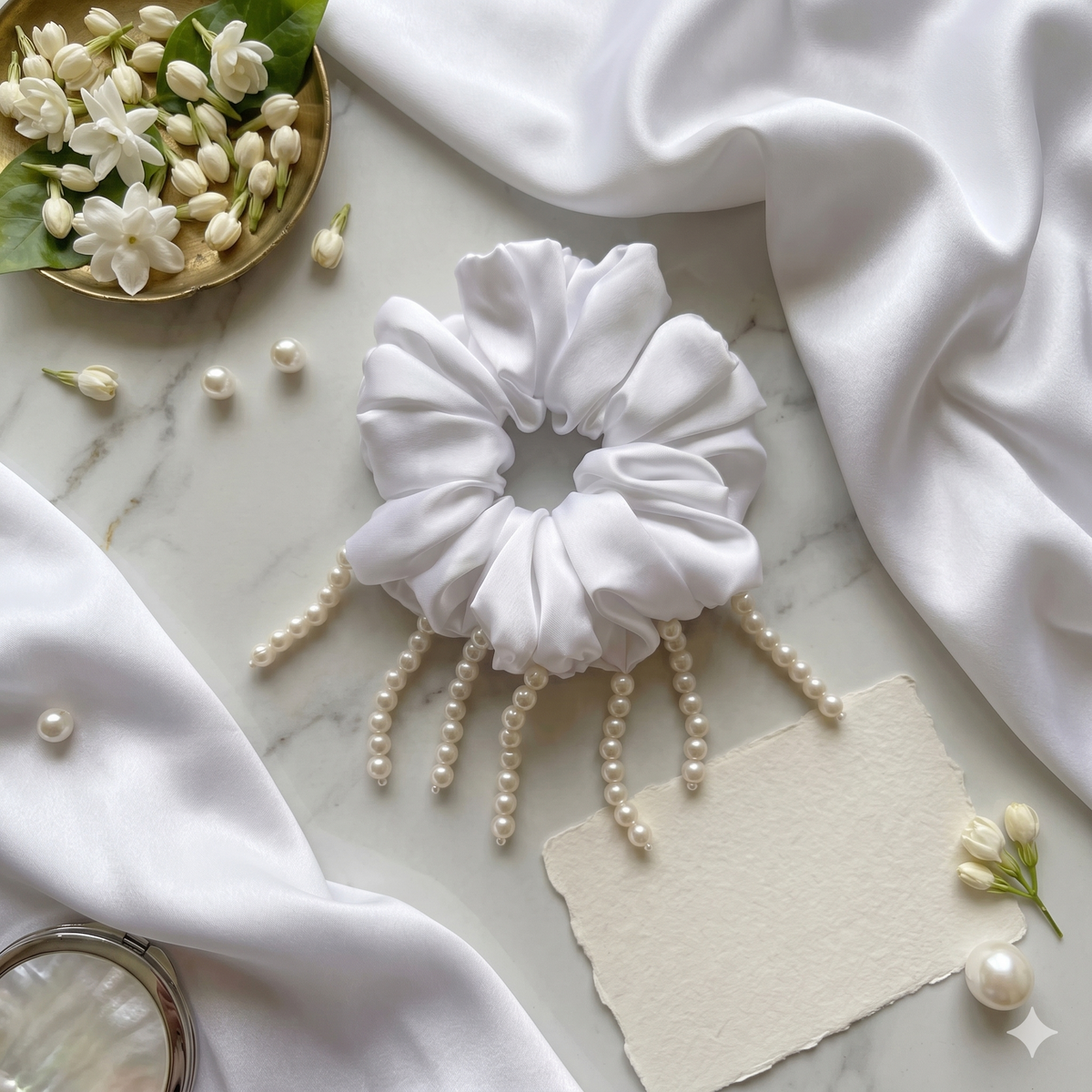 The Royal Pearl Drop Silk Scrunchie | Bridal & Festivity Hair Tie
