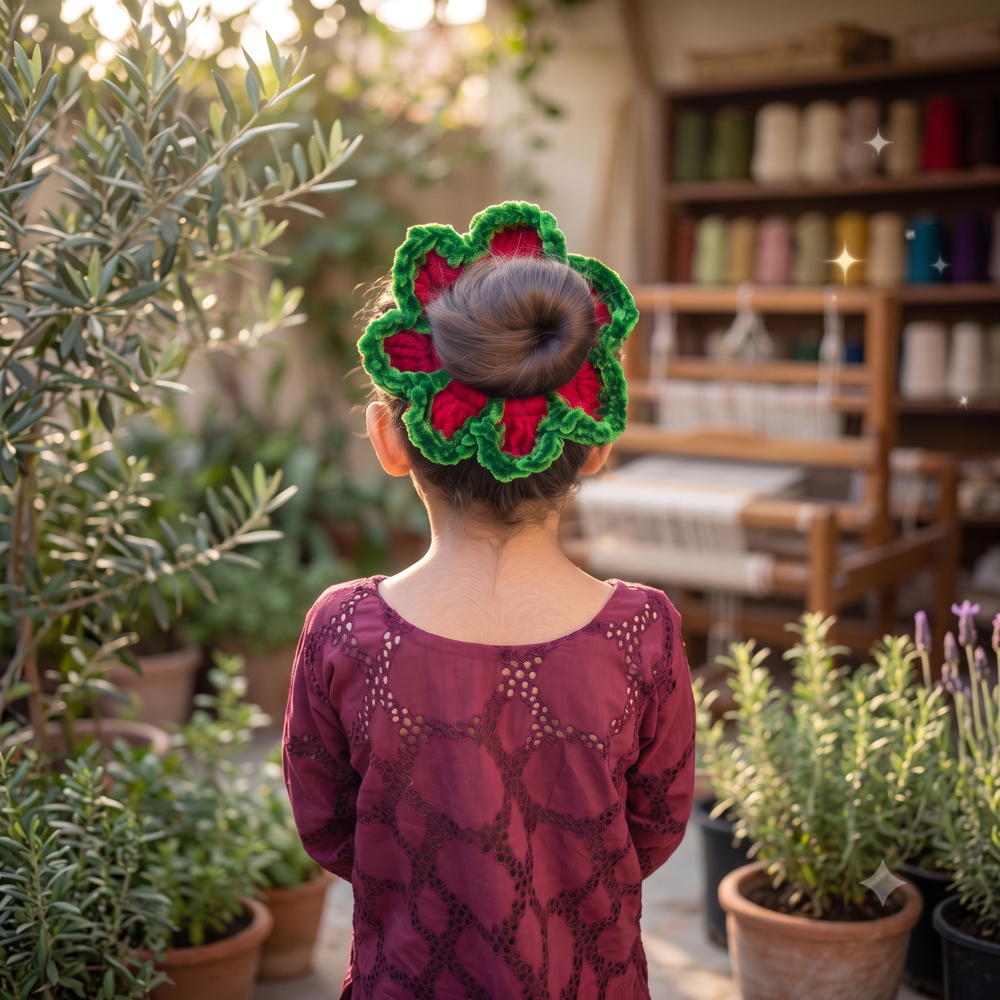 Crimson Bloom Crochet Bun Scrunchie – Maroon & Forest Green