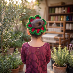 Crimson Bloom Crochet Bun Scrunchie – Maroon & Forest Green