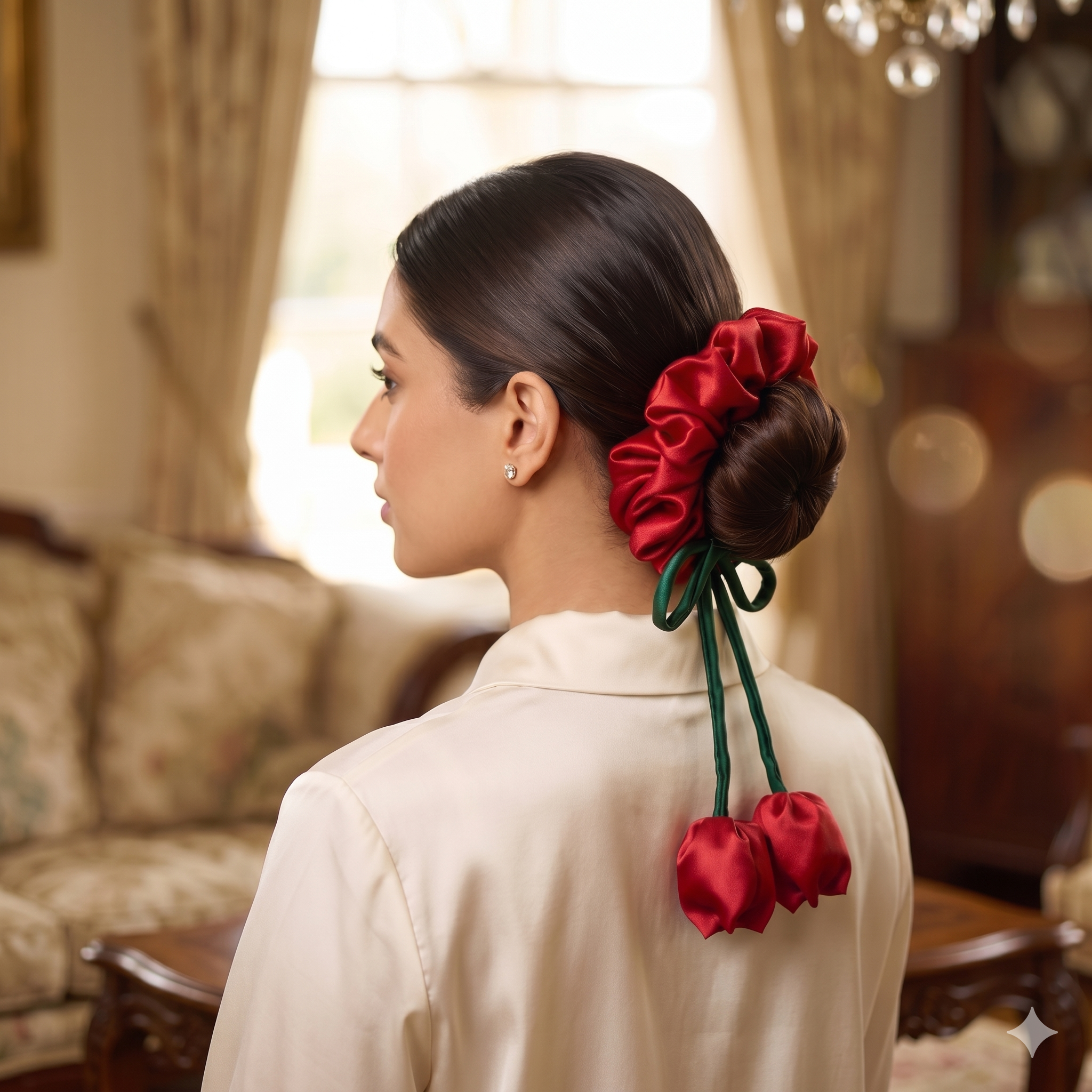 Luxury Silk Tulip Tassel Scrunchie - Premium Satin Hair Accessory for Weddings & Formal Wear