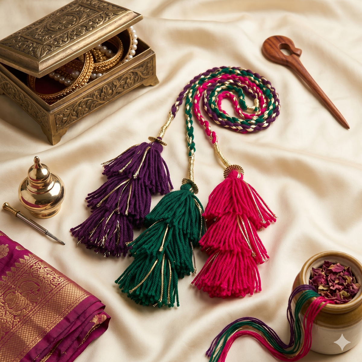 Rang-e-Noor Triple Tassel Punjabi Paranda – Emerald, Plum & Magenta