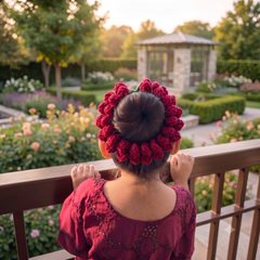 Traditional Maroon Gajra Crochet Scrunchie – Festive Floral Hair Tie