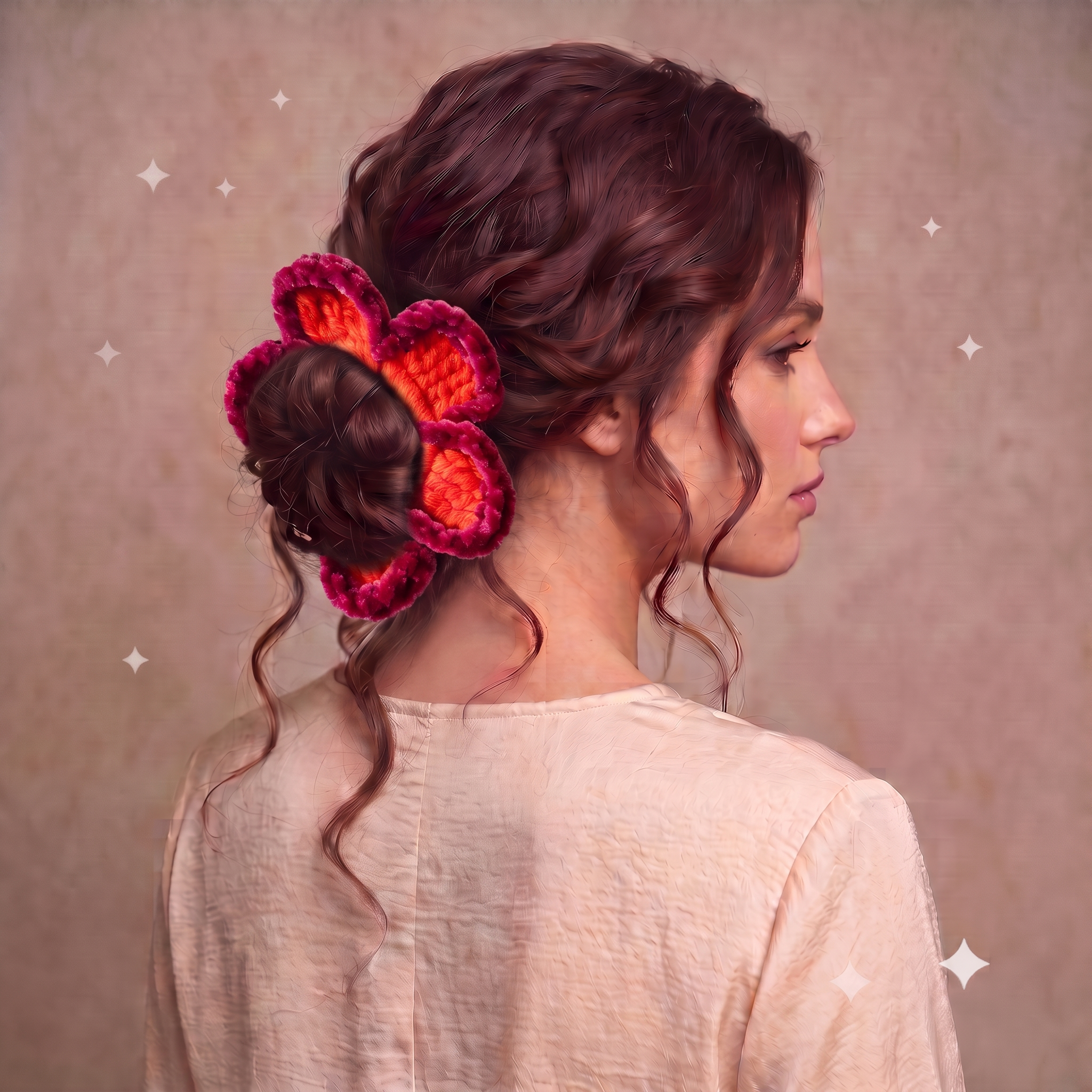 Sunset Blossom Crochet Bun Scrunchie – Orange & Berry Pink
