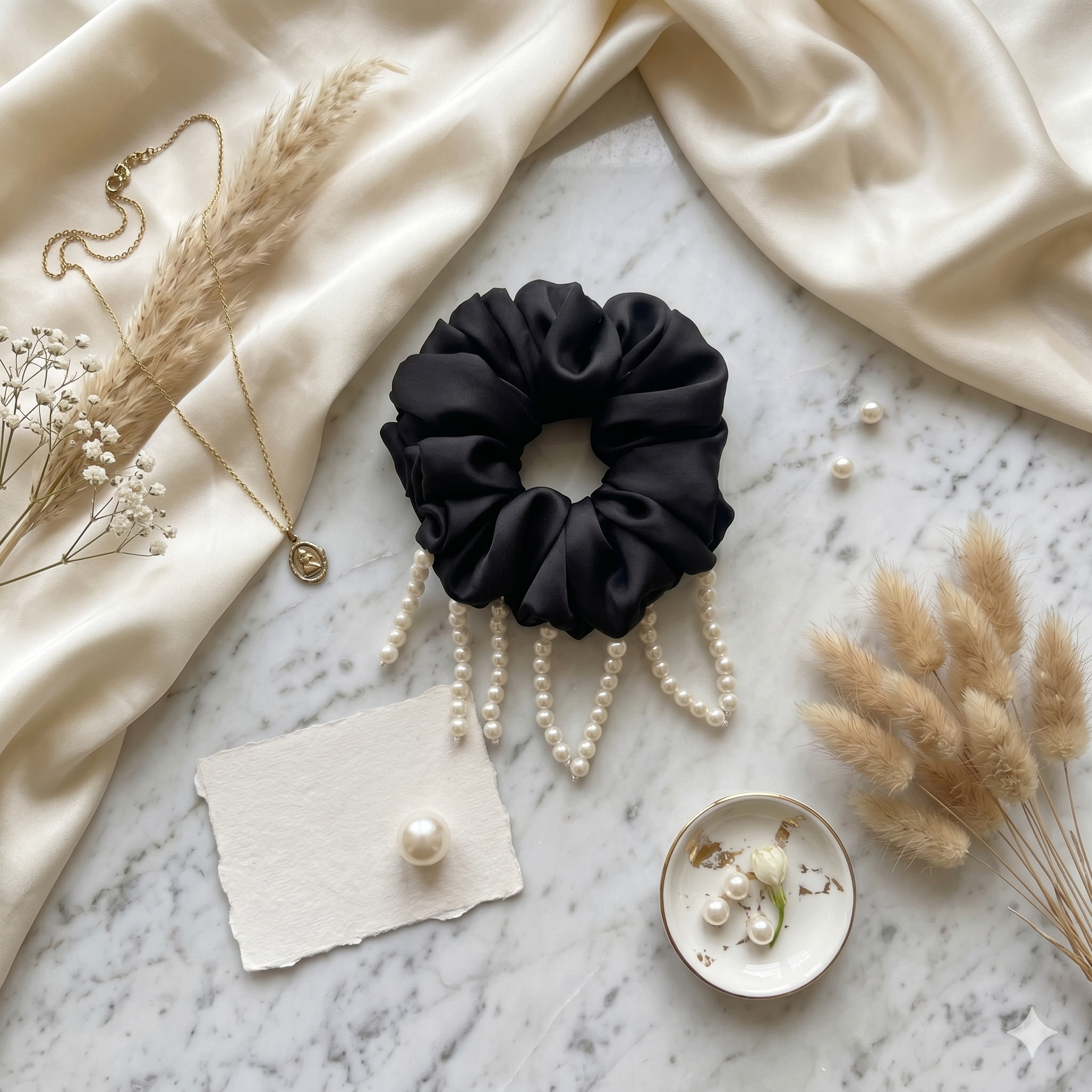 The Royal Pearl Drop Silk Scrunchie | Bridal & Festivity Hair Tie