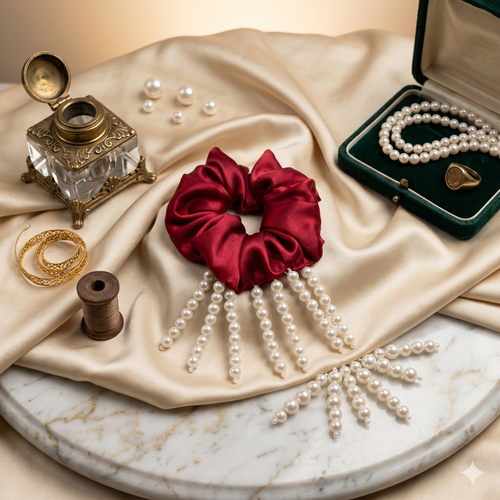The Royal Pearl Drop Silk Scrunchie | Bridal & Festivity Hair Tie