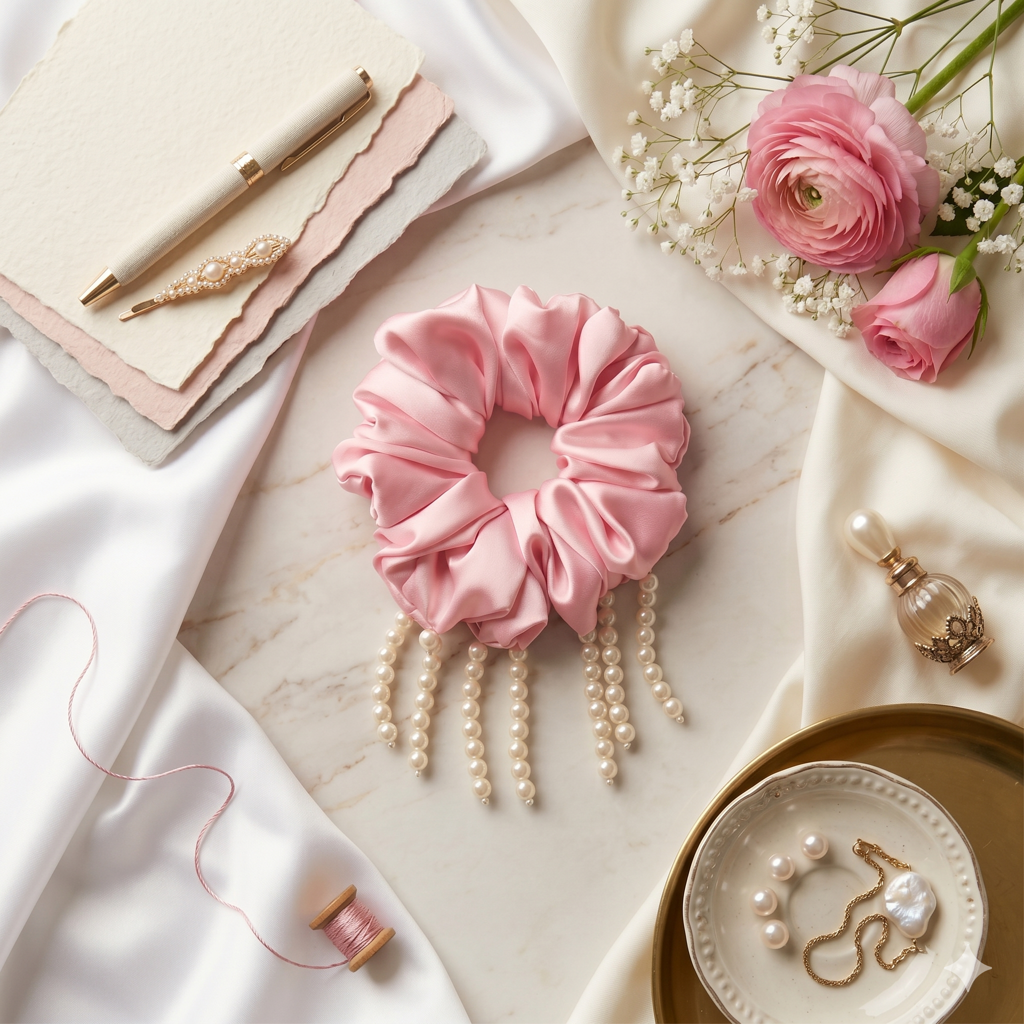The Royal Pearl Drop Silk Scrunchie | Bridal & Festivity Hair Tie
