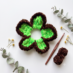 Woodland Bloom Crochet Bun Scrunchie – Neon Green & Chocolate Brown