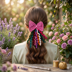 Handmade Pink Crochet Hair Bow with Colorful Spirals