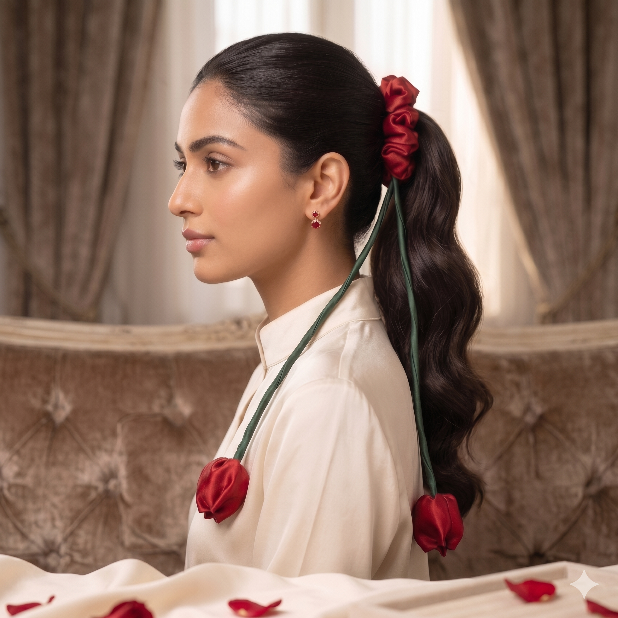 Luxury Silk Tulip Tassel Scrunchie - Premium Satin Hair Accessory for Weddings & Formal Wear