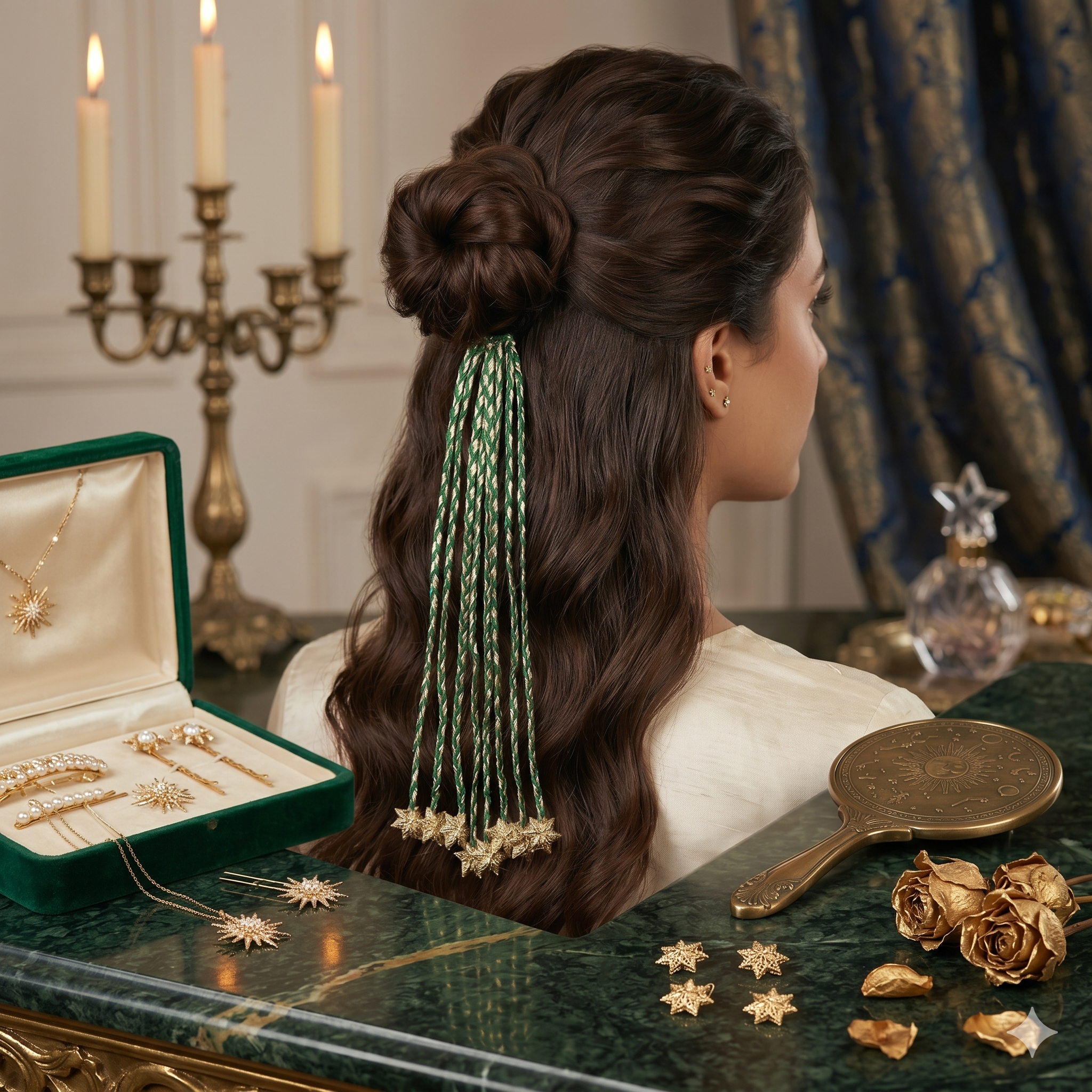 Festive Green & Gold Braided Hair String – Traditional Parandi | Dhaaga Vibes
