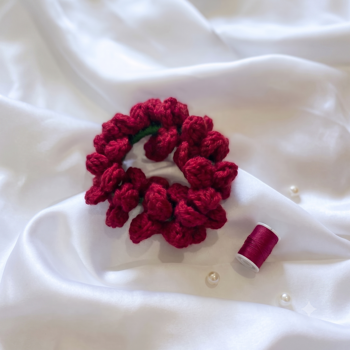 Traditional Maroon Gajra Crochet Scrunchie – Festive Floral Hair Tie